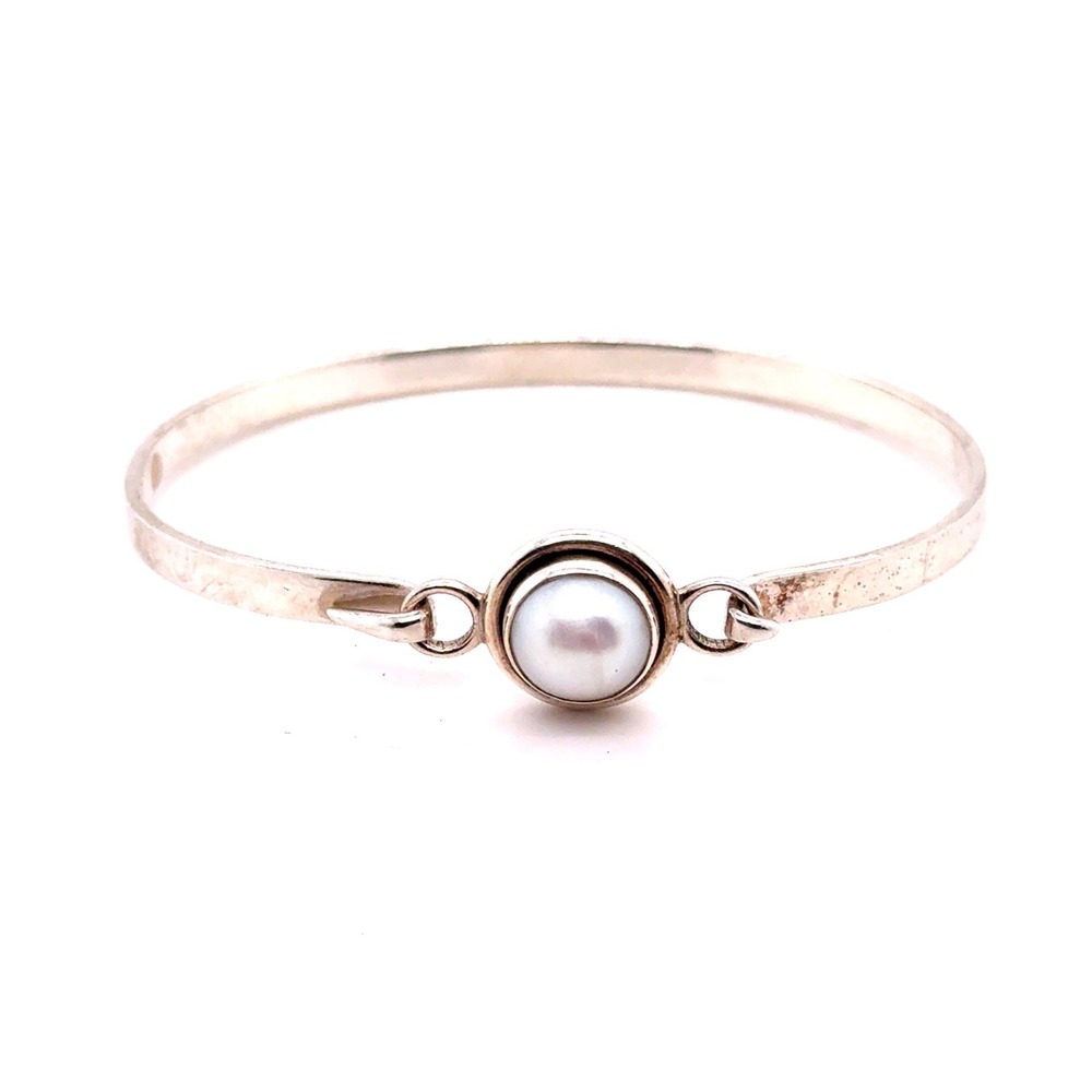 Vintage 925 Sterling Silver Pearl Bangle Bracelet Hook Clasp 12.1g 7"
